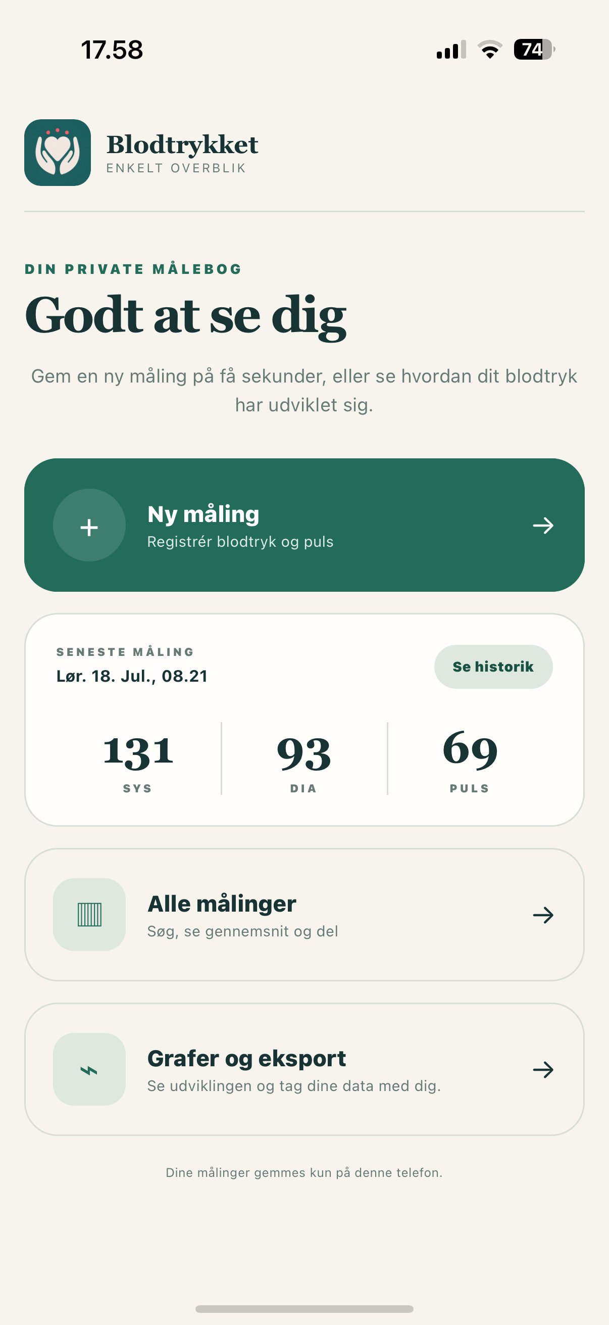 Forsiden i Blodtrykket med seneste måling og genveje til historik og grafer